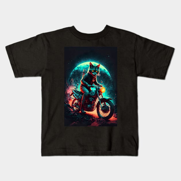 Cyber Cat Riding Dirt Bike Kids T-Shirt by KoolArtDistrict